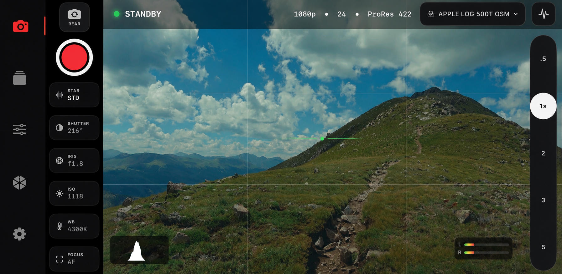 Chromis camera interface showing Apple Log, ProRes, manual controls, grid, histogram, audio meters, zoom, and preview LUT selection.