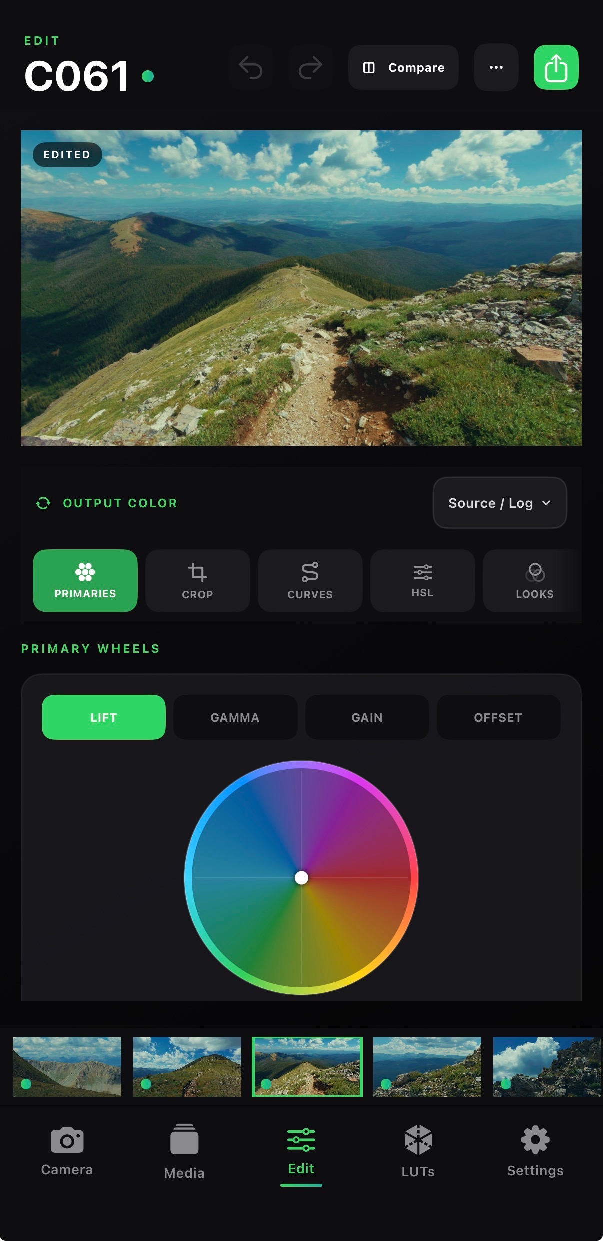 Chromis mobile edit controls with a graded clip preview.