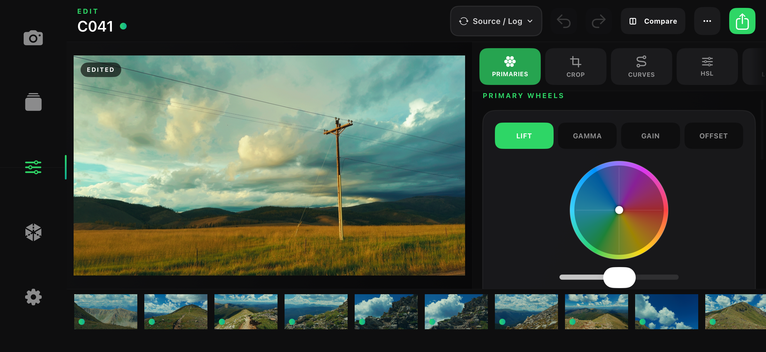Chromis edit workspace with primary wheels, tool tabs, clip strip, and graded preview.