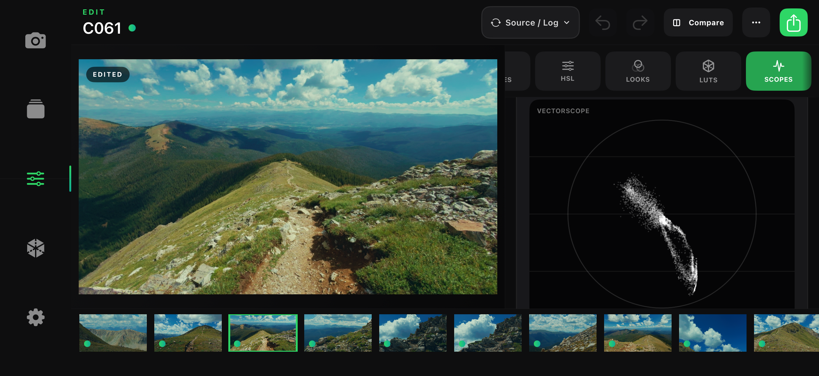 Chromis edit workspace showing scopes, a graded mountain preview, and clip thumbnails.